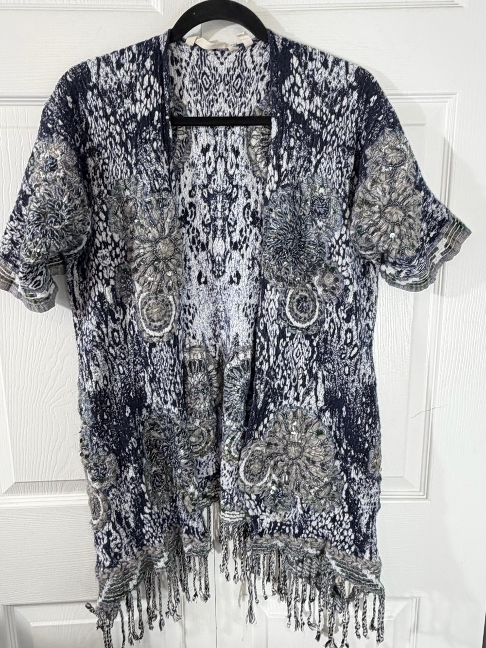 Soft Surroundings Emory Beaded Fringe Cardigan Kimono Blue Gray embroidered L/XL